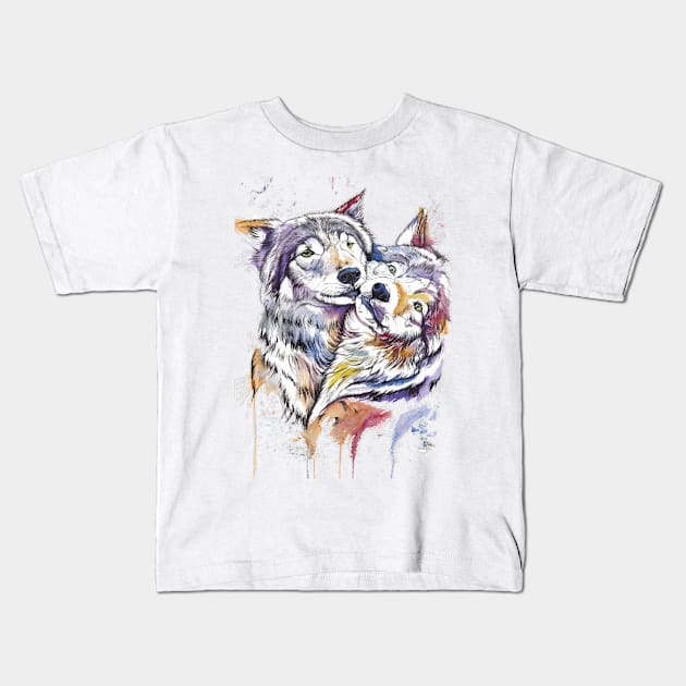 WOLF Colorful Watercolor Kids T-Shirt by Glaukita